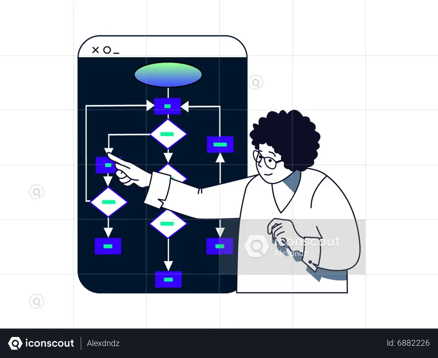 Homem trabalhando no diagrama de fluxo de dados  Ilustração