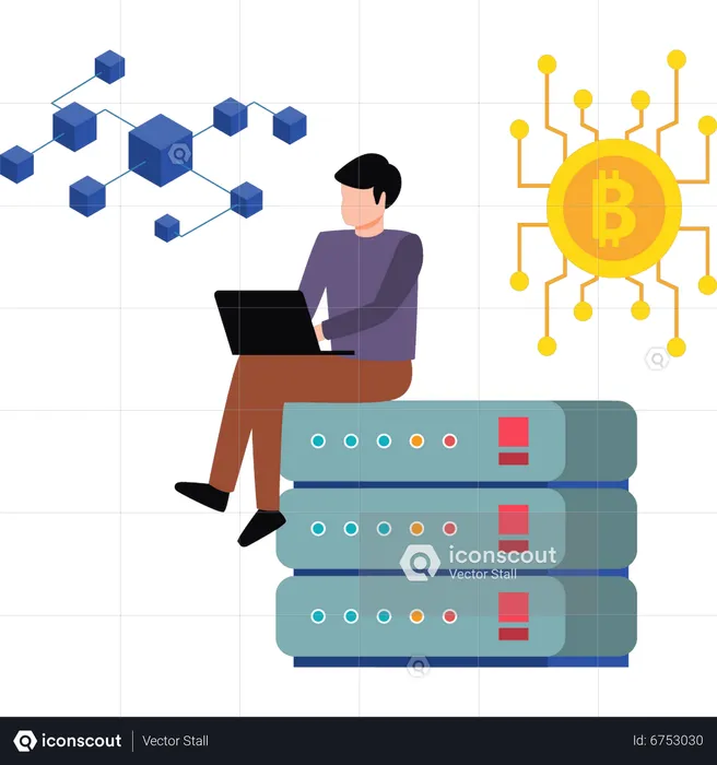 Homem trabalhando no servidor bitcoin  Ilustração