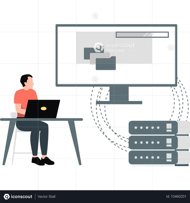 Homem trabalhando em servidor de backup em laptop  Ilustração