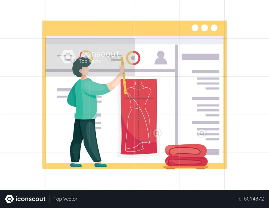 Homem trabalha na medição do design do vestido  Ilustração