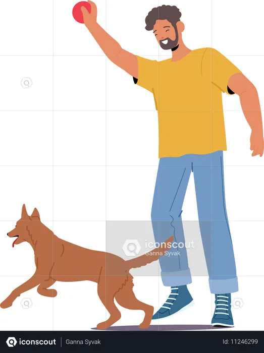 Homem treinando cachorro com bola durante  Ilustração