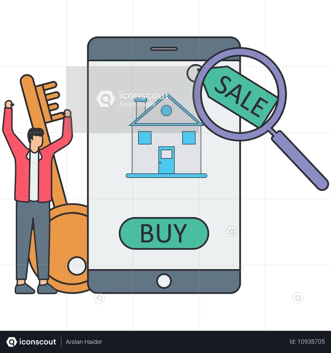 Homem usando aplicativo imobiliário  Ilustração