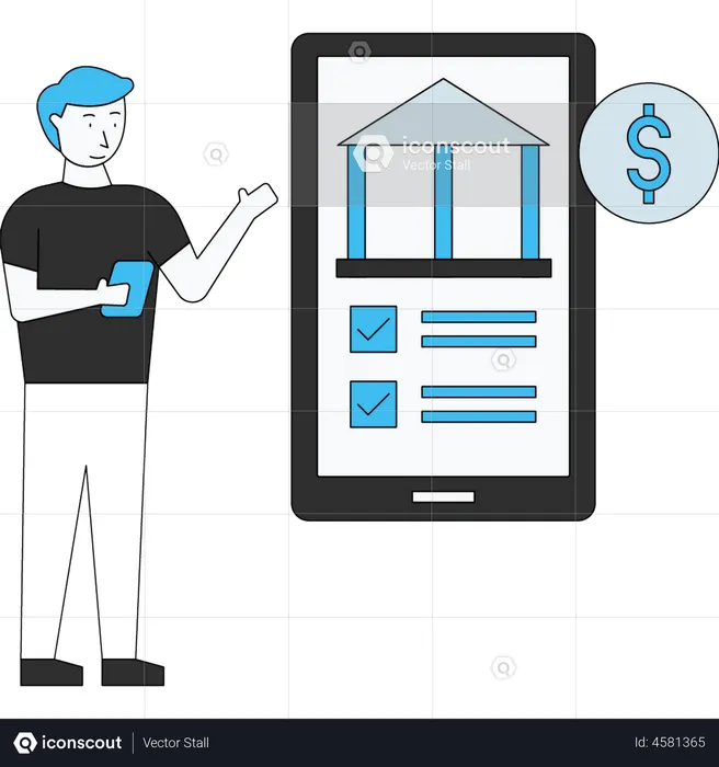 Homem usando aplicativo de mobile banking  Ilustração