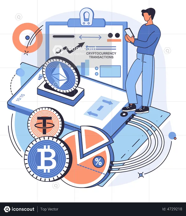 Homem usando troca móvel de criptomoeda  Ilustração