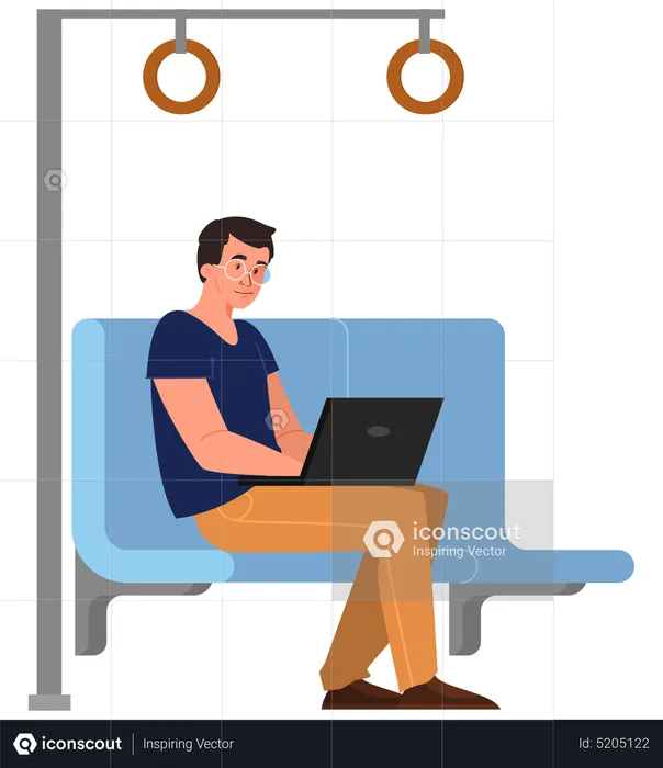 Homem usando laptop em transporte público  Ilustração