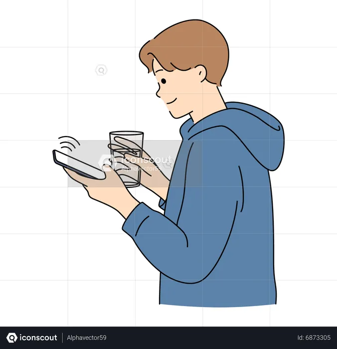 Homem usando celular e segurando um copo de água  Ilustração