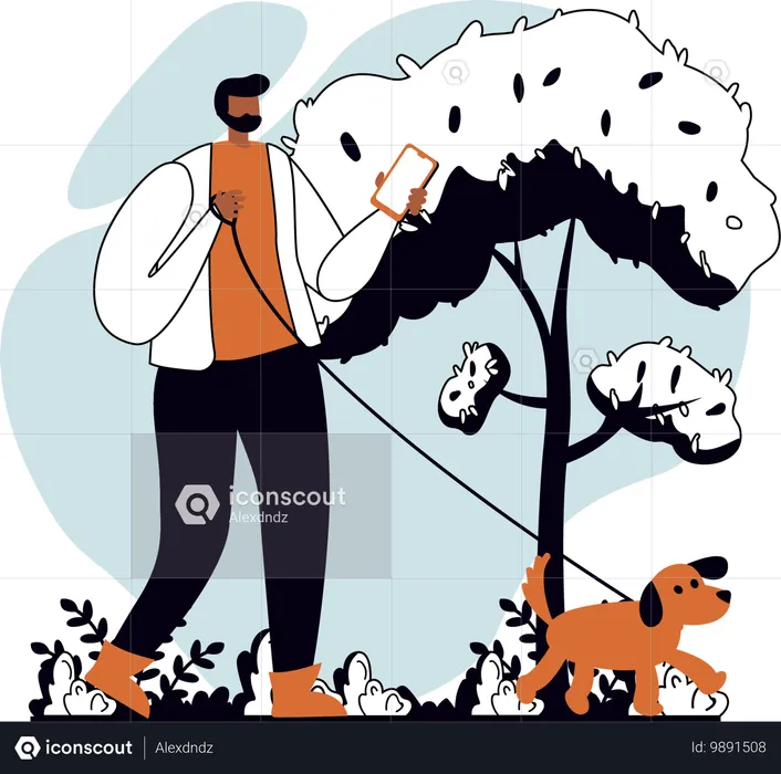 Homem usando celular enquanto caminhava com cachorro  Ilustração