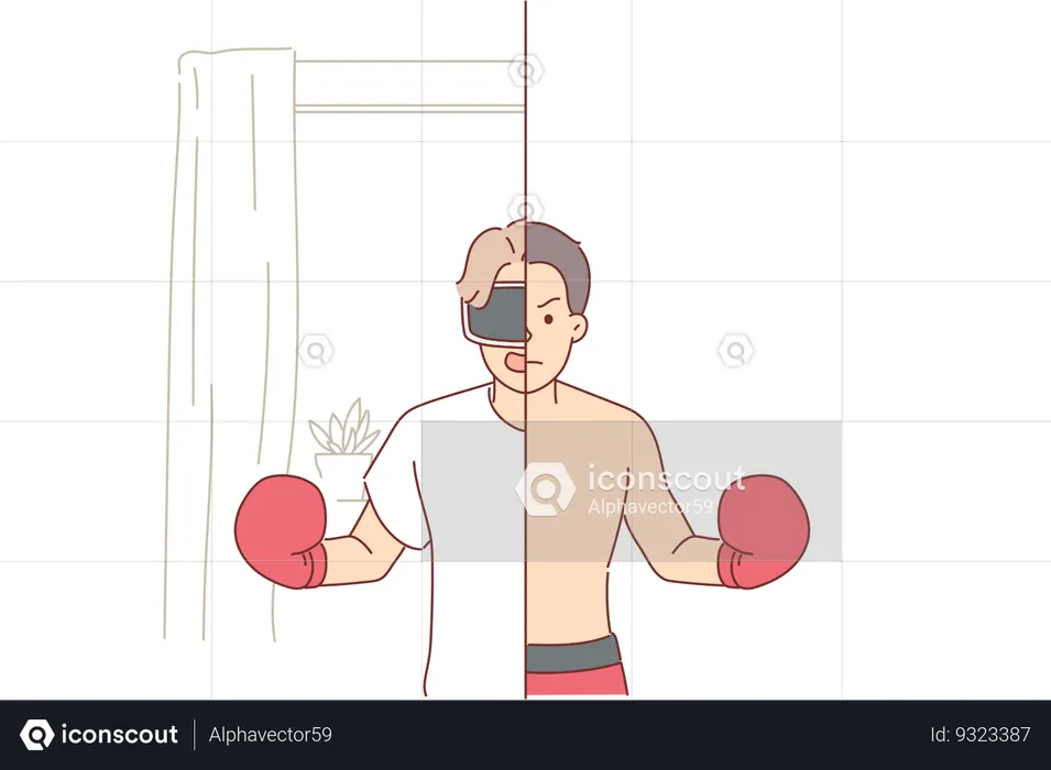 Homem usando óculos VR e luvas de boxe se sente como um atleta  Ilustração