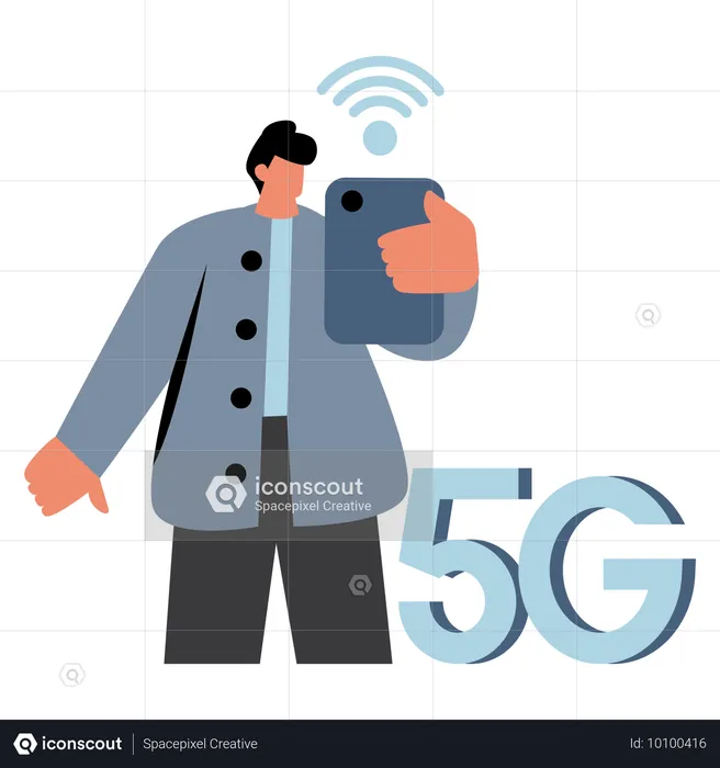 Homem usando rede 5G em smartphone  Ilustração