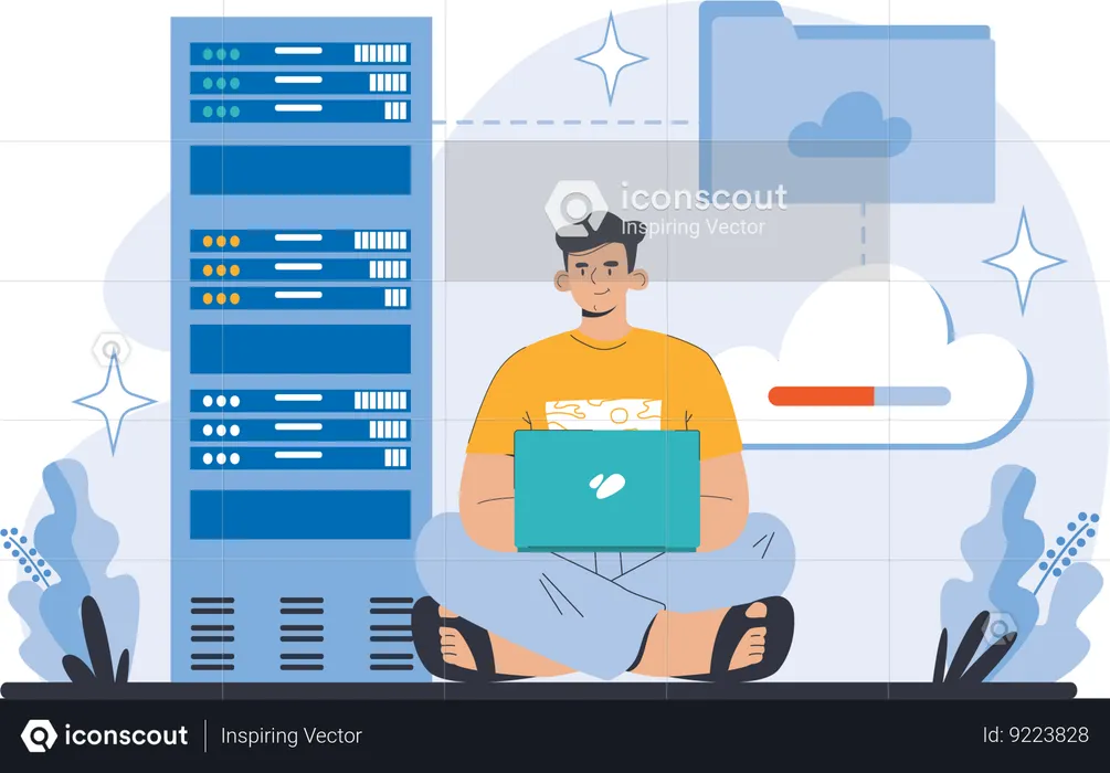 Homem usando serviço de armazenamento em nuvem  Ilustração