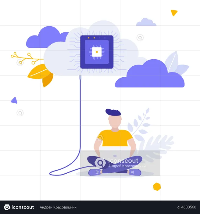 Homem usando serviço de computação em nuvem  Ilustração