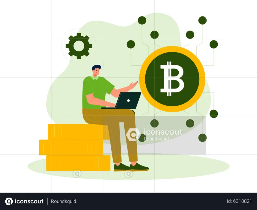 Homem usando tecnologia bitcoin  Ilustração