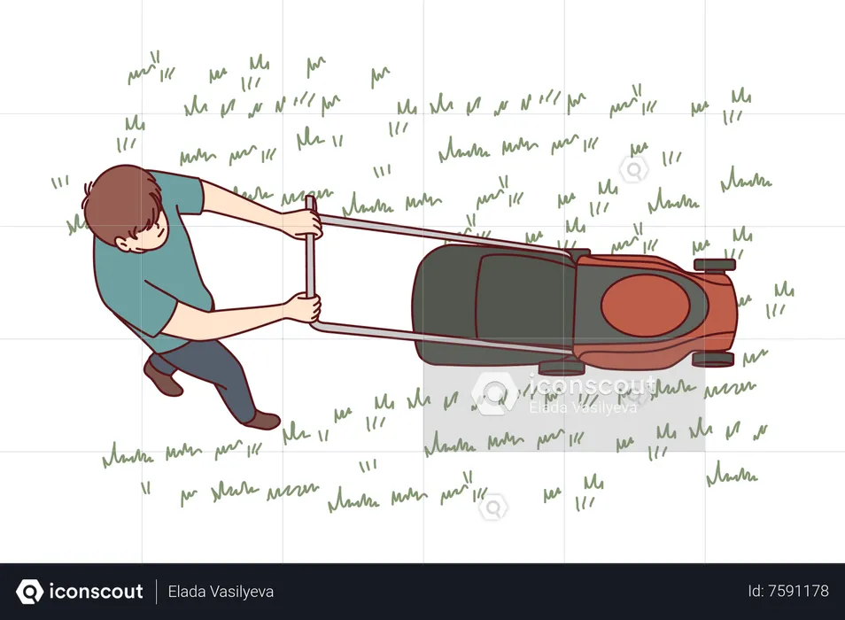 Homem usando cortador de grama para aparar grama  Ilustração