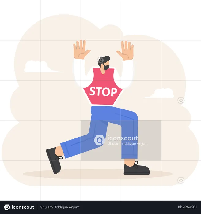 Homem vestindo uma fantasia de sinal de stop mostrando gesto de stop  Ilustração