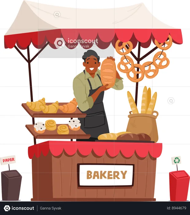 Homem vende itens de padaria em barraca de rua  Ilustração