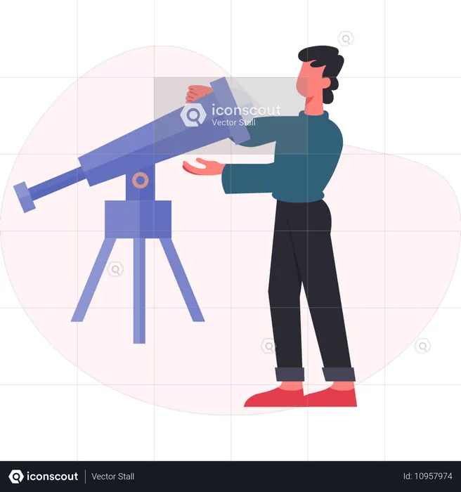 Homem verificando lente de telescópio  Ilustração