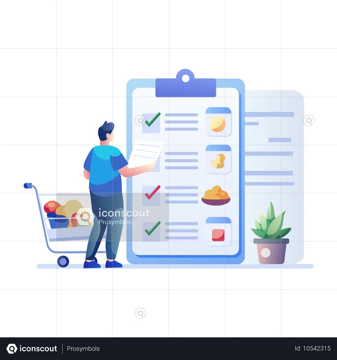 Homem verificando a lista de compras  Ilustração