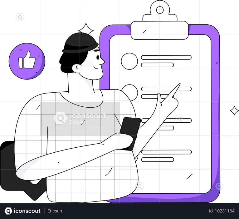 Homem verificando a lista de pesquisas  Ilustração