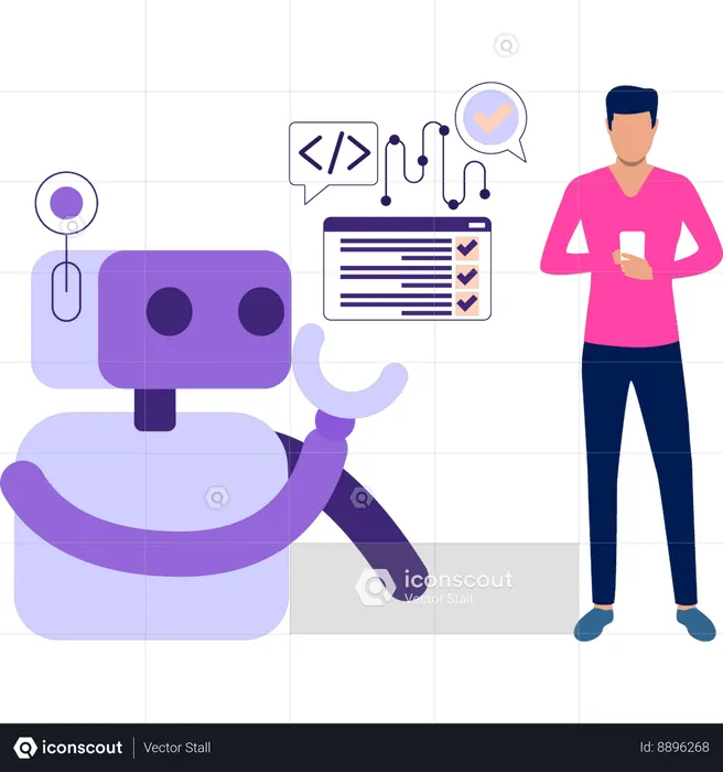 Homem verificando o código do robô usando celular  Ilustração