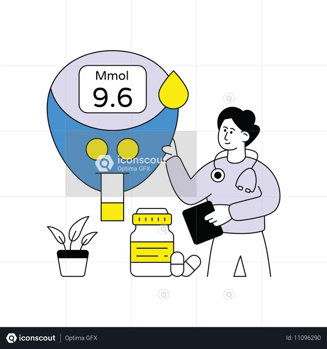 Homem verificando sangue no medidor de glicose  Ilustração