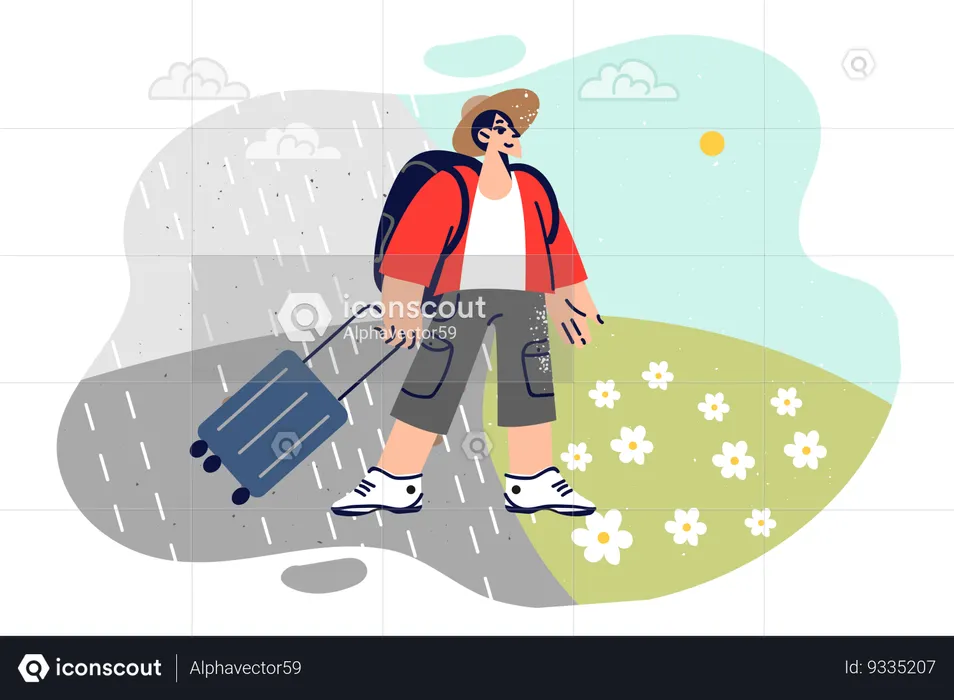 Homem viaja e vê mudança climática após viagem  Ilustração