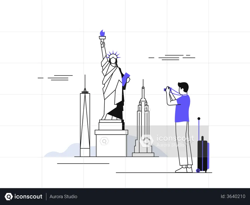 Viajante masculino clicando na foto da estátua da liberdade  Ilustração