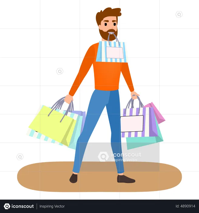 Homem viciado em compras  Ilustração