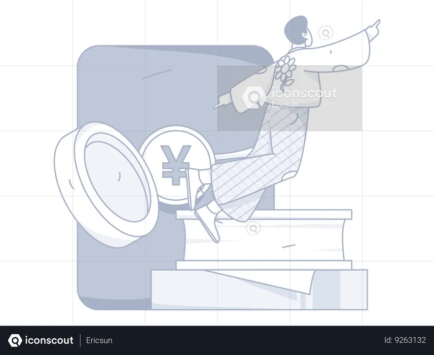 Homem voando e verificando dinheiro  Ilustração