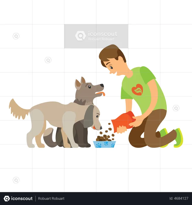 Voluntário masculino dando comida para cães vadios  Ilustração