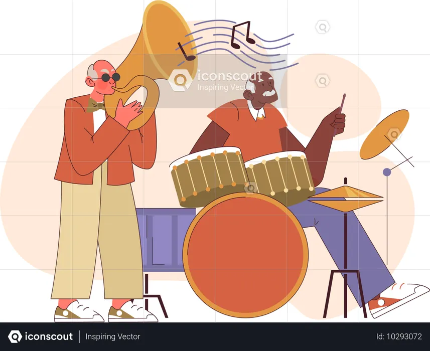 Homens idosos tocando instrumento em banda  Ilustração