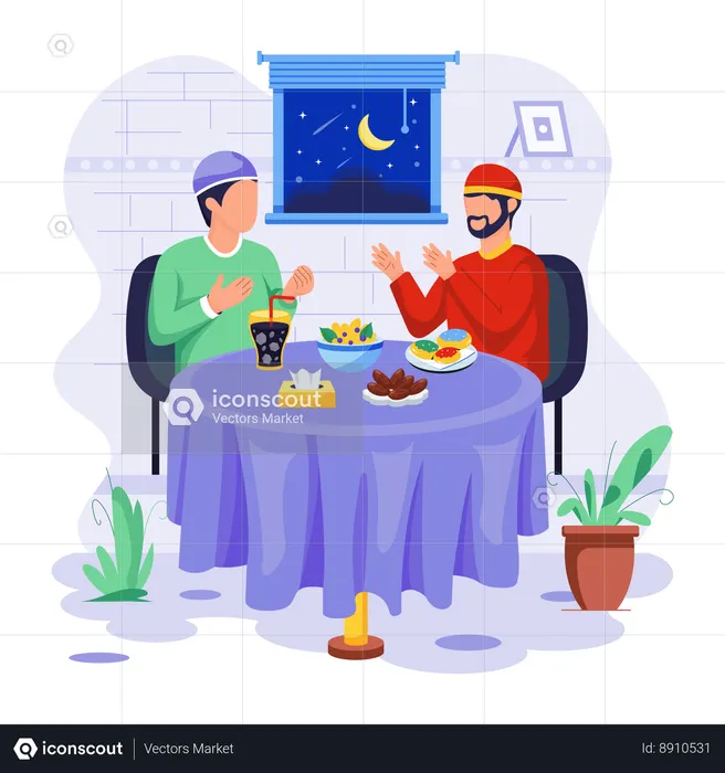 Os homens muçulmanos estão comendo na hora do Iftar  Ilustração