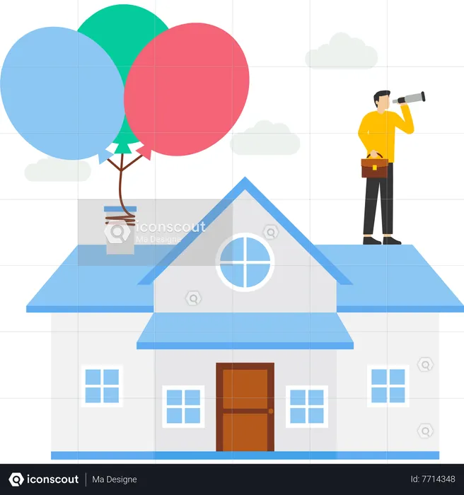 Homeowner with telescope at home flying on balloon  Illustration
