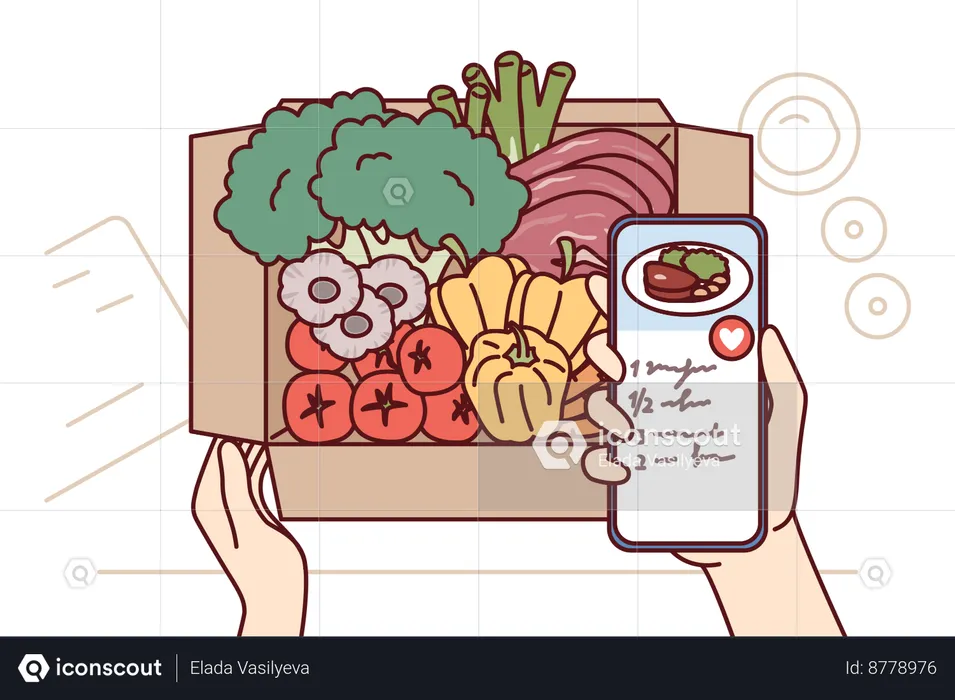 Un homme achète une boîte de légumes en ligne  Illustration