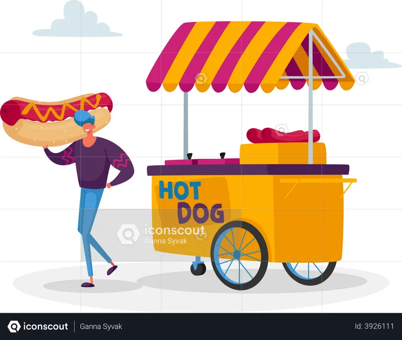 Homme achetant un hot-dog dans un étal de rue  Illustration