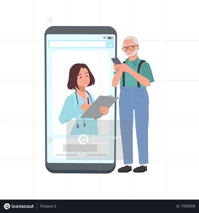 Homme âgé envoyant des SMS avec un médecin  Illustration