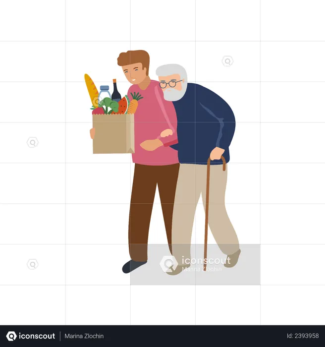 Homme aidant un vieil homme avec un sac d'épicerie  Illustration