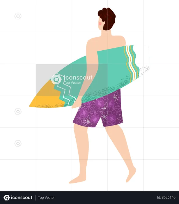 Homme va surfer avec planche de surf  Illustration