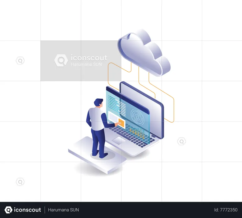 Homme analysant les données du serveur cloud  Illustration