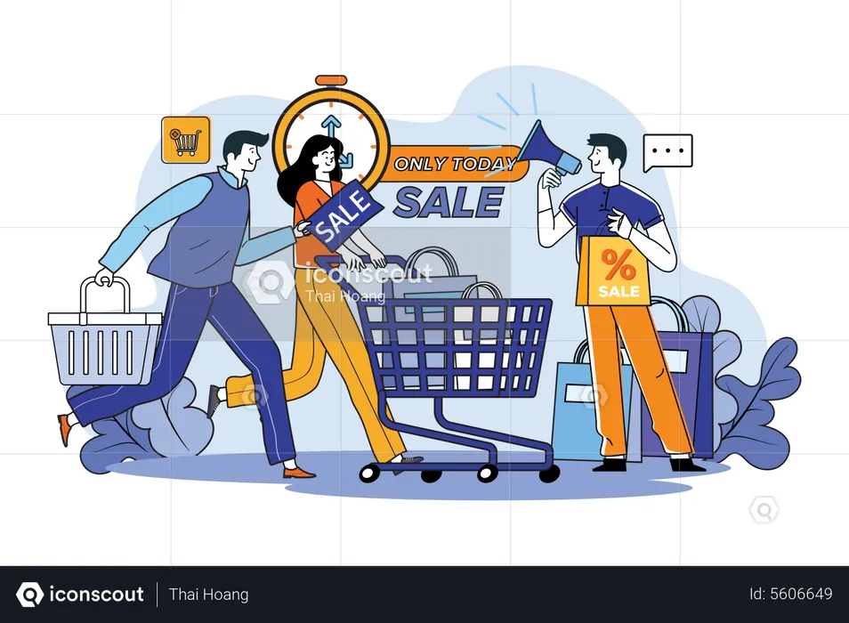 Homme annonçant une vente de shopping  Illustration