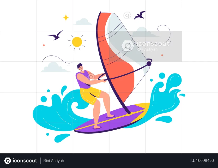 Homme appréciant le surf  Illustration