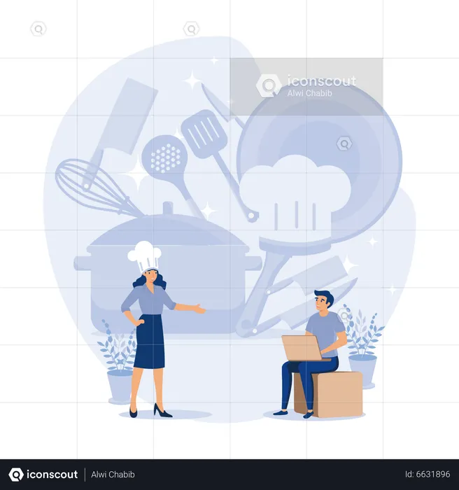 Homme apprenant la cuisine dans une école de cuisine en ligne  Illustration