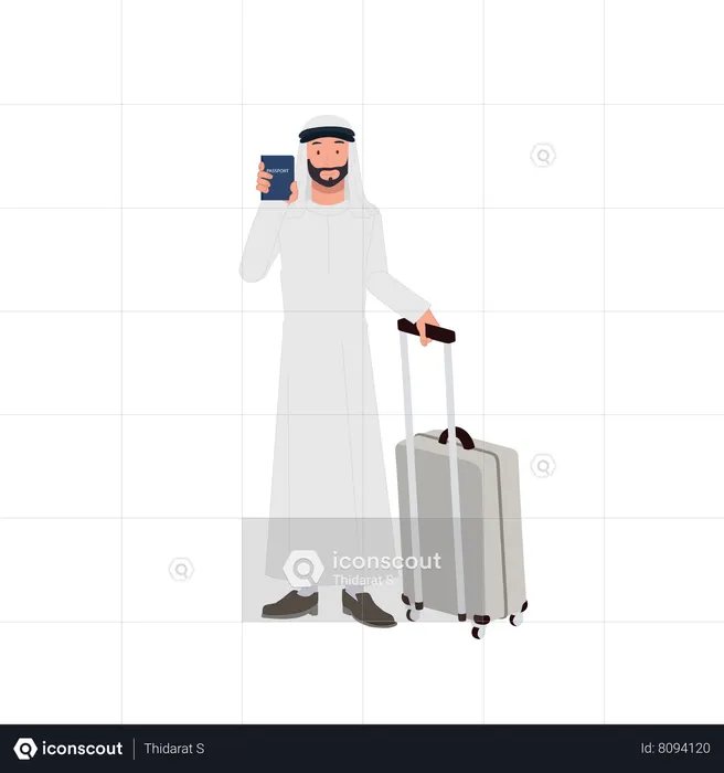 Homme arabe avec des bagages à l'aéroport montrant son passeport  Illustration