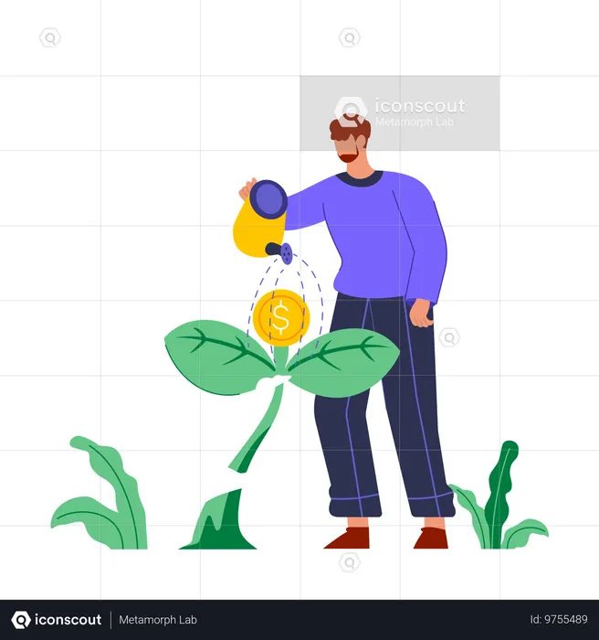 Homme arrosant une usine de dollars  Illustration