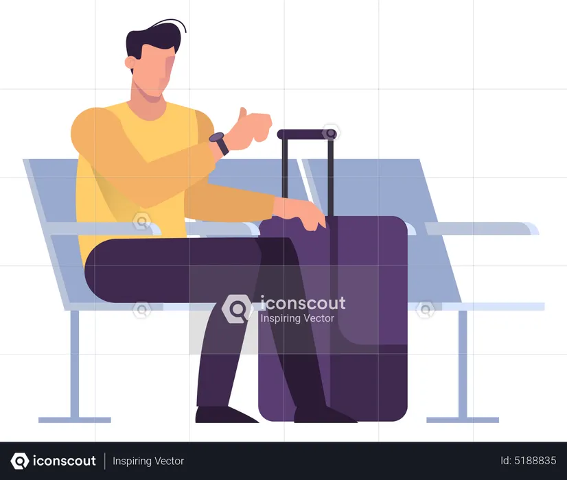 Homme assis à l’aéroport et attendant le départ.  Illustration