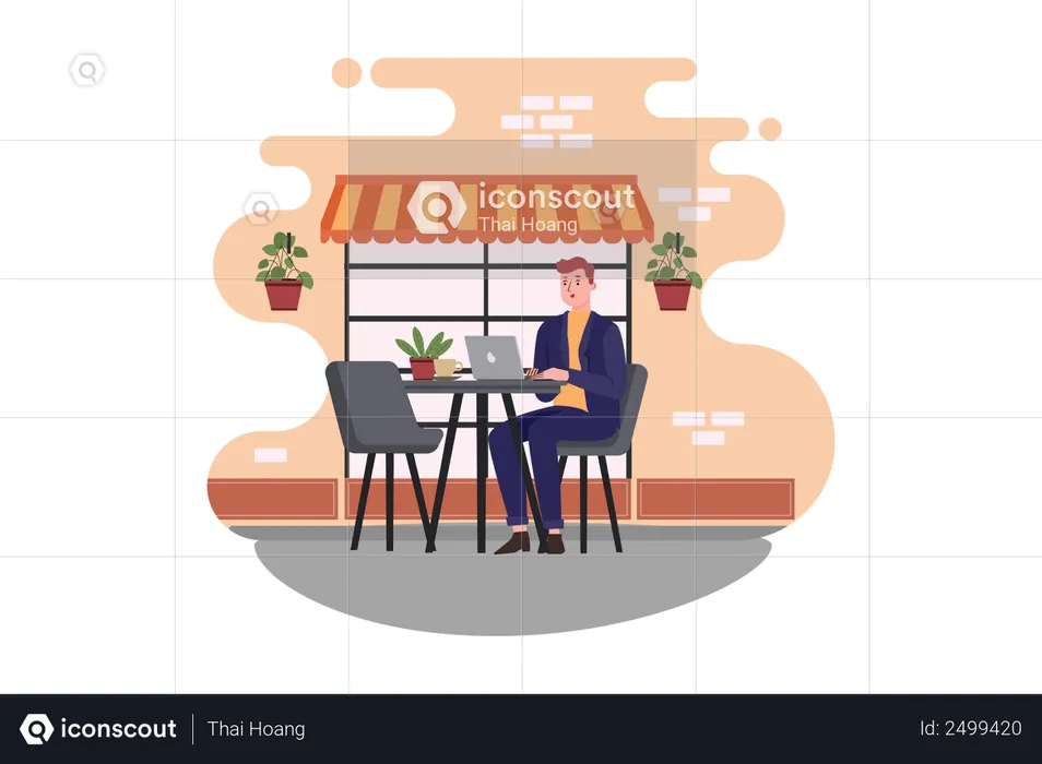 Homme assis dans un café travaillant sur son ordinateur portable  Illustration