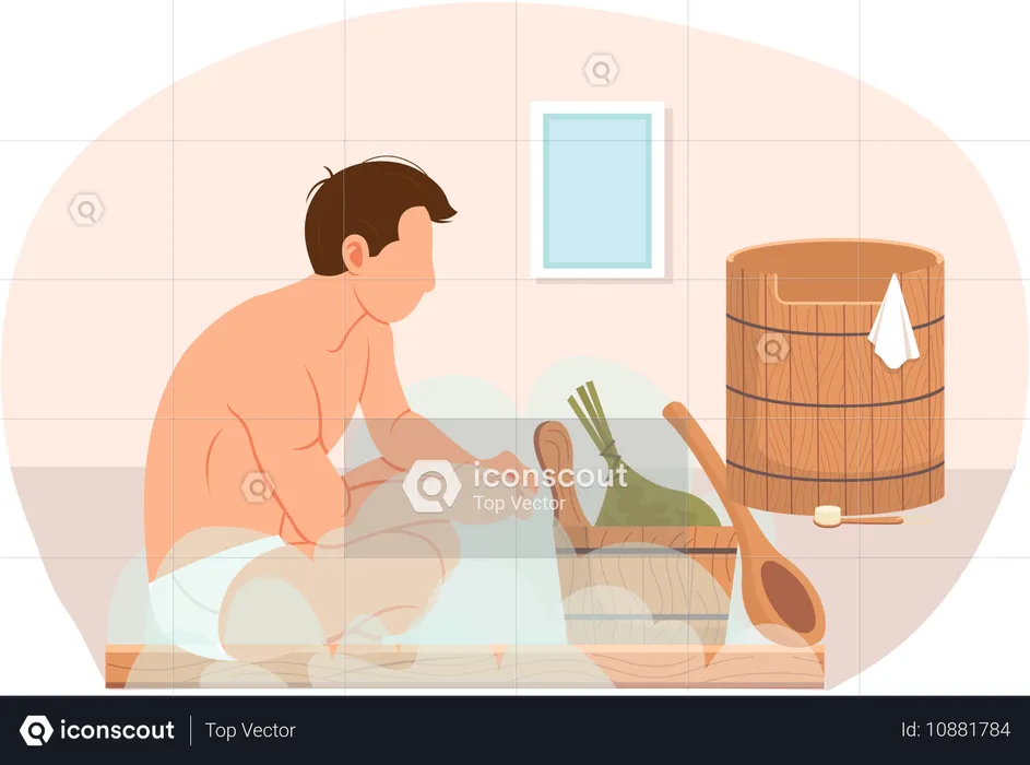 Homme assis dans un hammam  Illustration