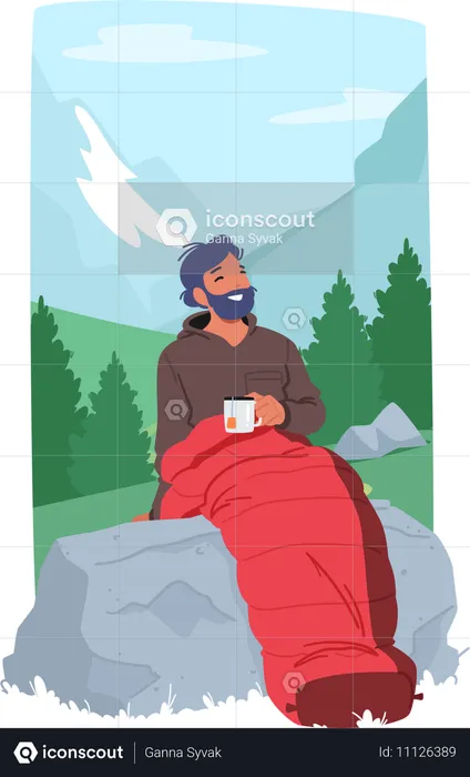 Homme assis dans un sac de couchage et prenant un café  Illustration