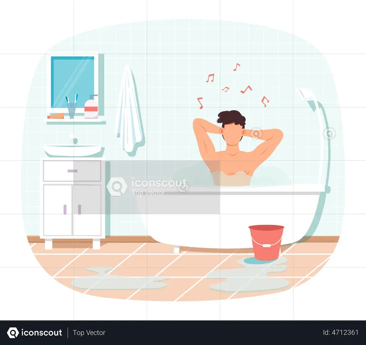 Homme assis dans une baignoire avec de l'eau chaude  Illustration