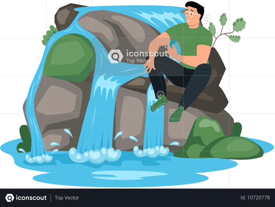 Homme assis près d'une cascade  Illustration