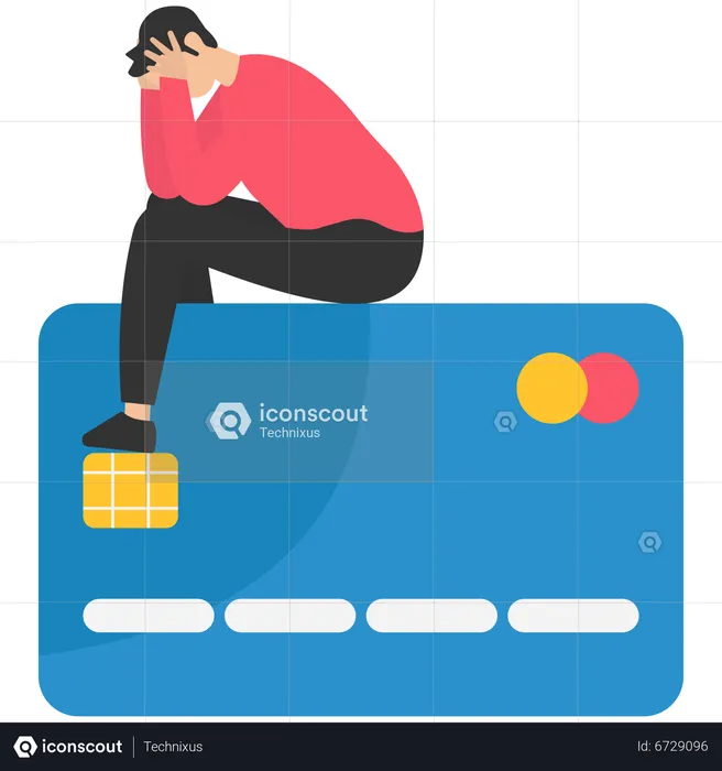 Homme désespéré assis avec une longue liste de factures en souffrance sur une carte de crédit  Illustration